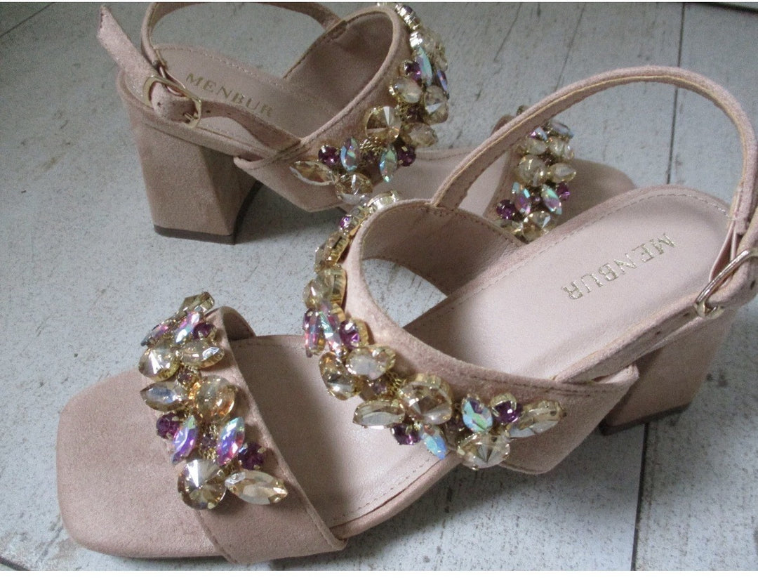 Menbur Damen , Sandalen, Verlours , Strass , Blockabsatz , Beige Gr 38