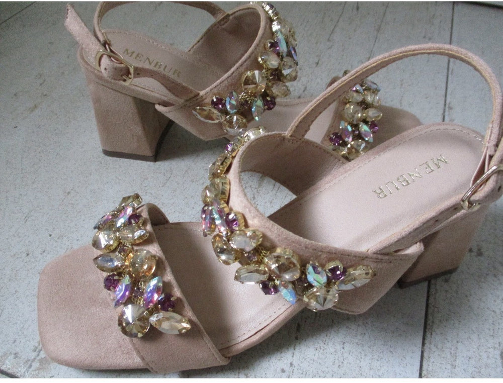 Menbur Damen , Sandalen, Verlours , Strass , Blockabsatz , Beige Gr 39