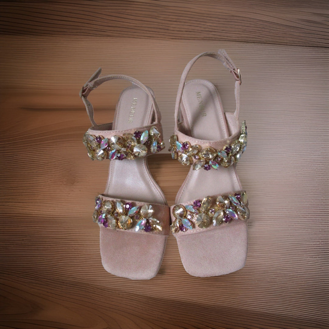 Menbur Damen , Sandalen, Verlours , Strass , Blockabsatz , Beige Gr 38