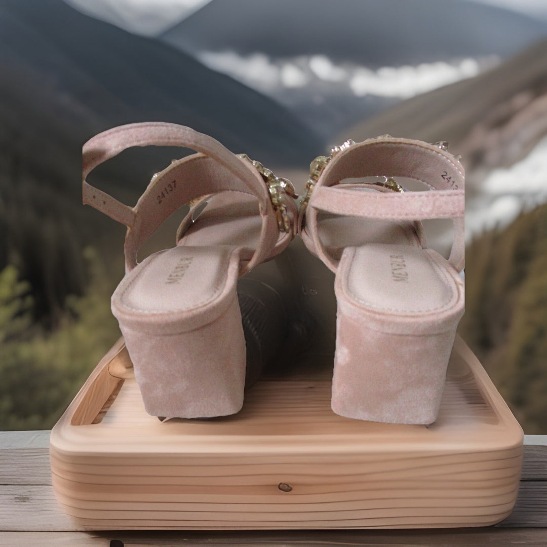 Menbur Damen , Sandalen, Verlours , Strass , Blockabsatz , Beige Gr 39